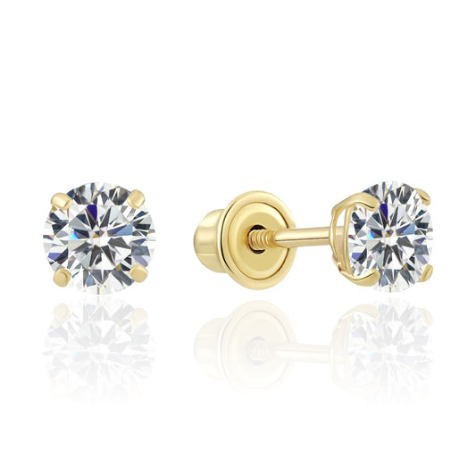CZ stud earrings in solid 14k yellow gold with 4mm cubic zirconia stones and secure screw backs.