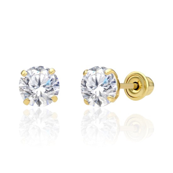 CZ stud earrings featuring 5mm clear AAA cubic zirconia in solid 14k gold with screw backs.