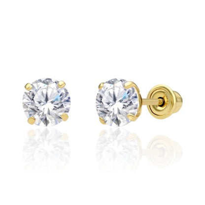 CZ stud earrings featuring 5mm clear AAA cubic zirconia in solid 14k gold with screw backs.