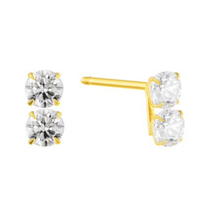 CZ stud earrings featuring double 3mm AAA cubic zirconia stones in solid 14k yellow gold with screw backs.