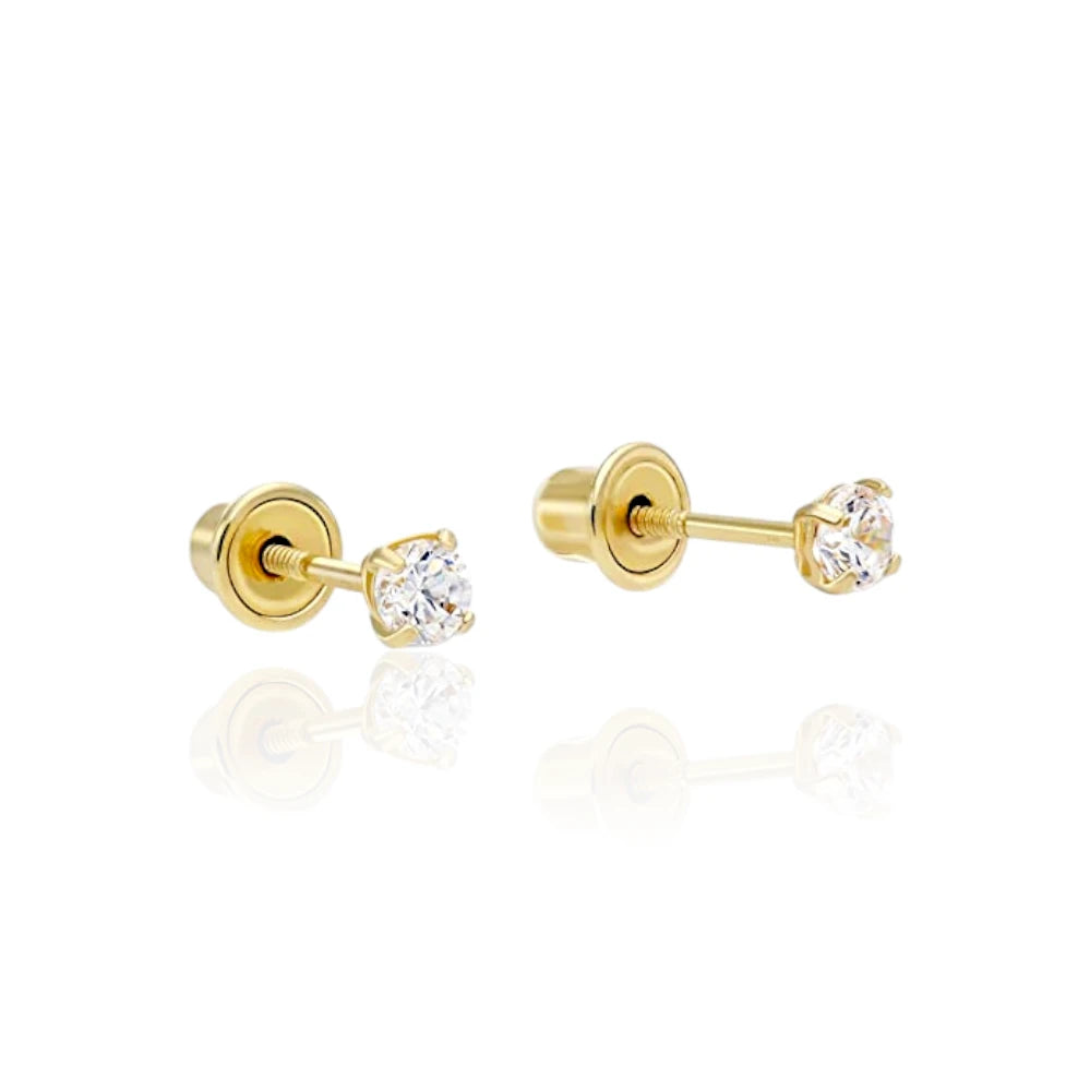 CZ stud earrings in solid 14k yellow gold with 3mm cubic zirconia solitaire stones and secure screw backs.
