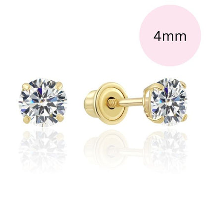 CZ stud earrings featuring 4mm cubic zirconia stones in yellow gold screw back settings.