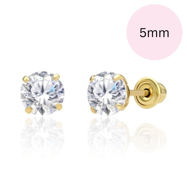 CZ stud earrings showcasing 5mm clear AAA cubic zirconia in solid 14k yellow gold screw back settings.