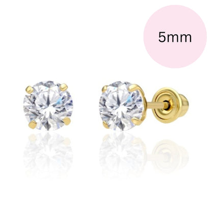 CZ stud earrings showcasing 5mm clear AAA cubic zirconia in solid 14k yellow gold screw back settings.