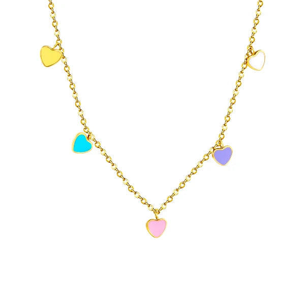 Candy heart necklace with colorful enamel charms on a gold chain, perfect for playful fashion.