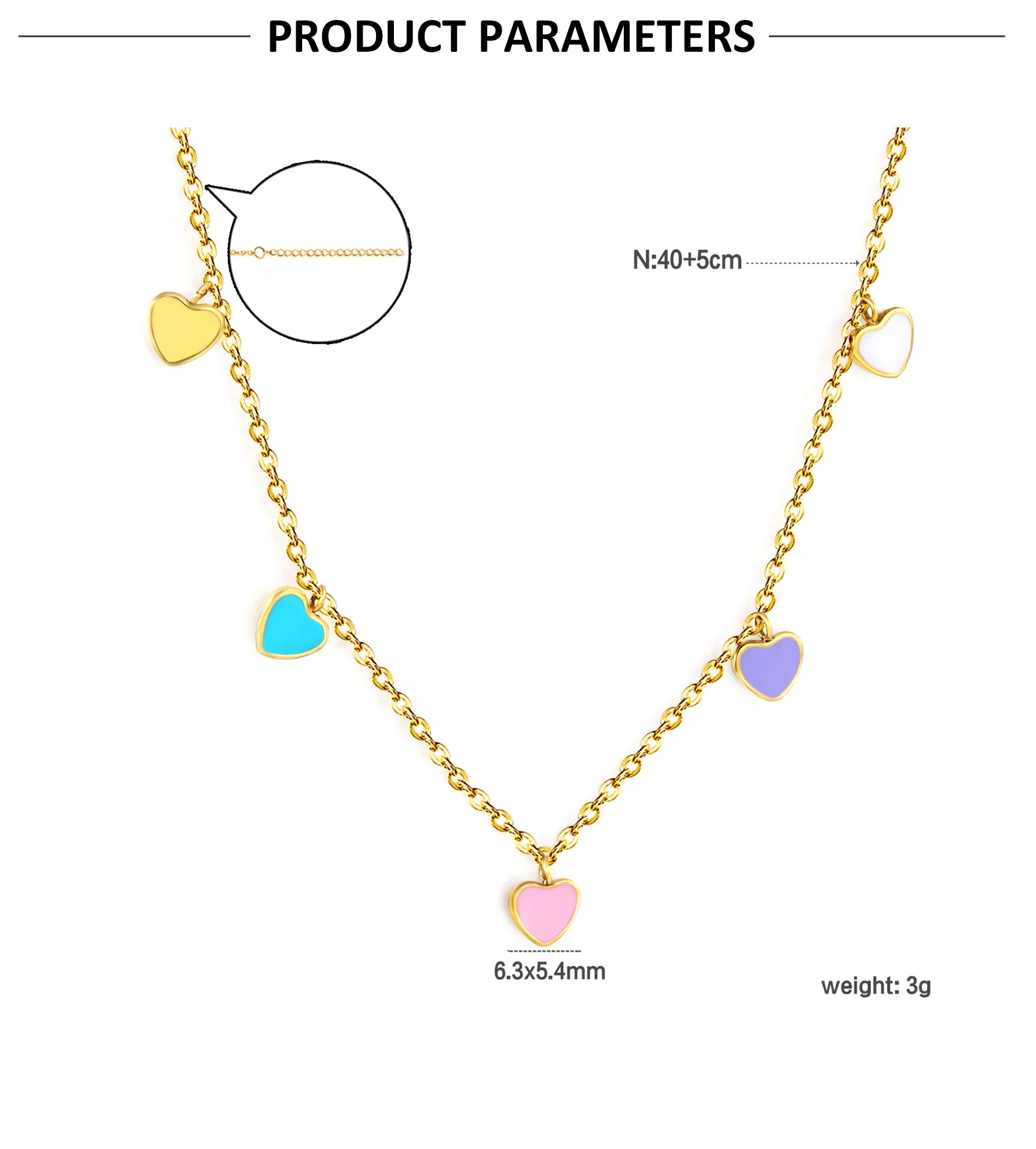 Candy heart necklace showcasing multiple enamel heart charms on a gold-plated chain with product parameters.