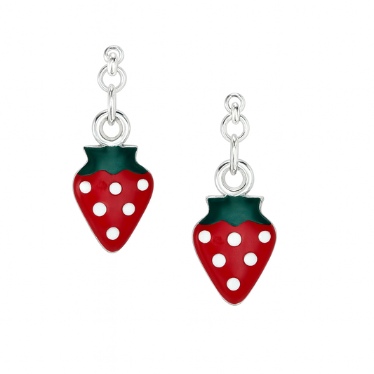 Children's Earrings:  Sterling Silver Strawberry Drop Stud Earrings