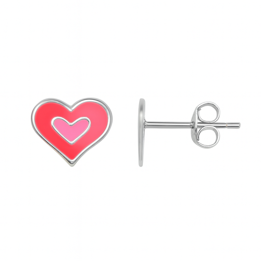 Children's Earrings:  Sterling Silver Pink Enamelled Hearts
