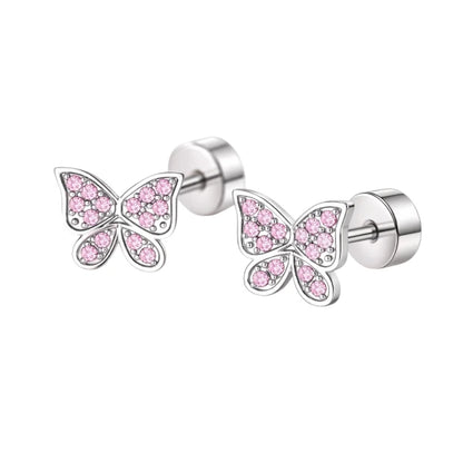 Children's earrings featuring pink butterfly studs with sparkling cubic zirconia in surgical steel.