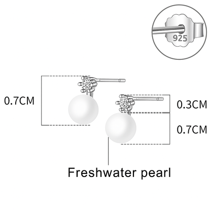 Pair of freshwater pearl earrings with measurements and 925 sterling silver stamp on a white background