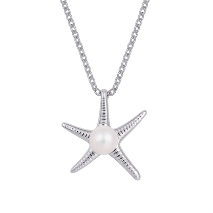 Sterling silver starfish pendant necklace with a cantered pearl, shown on a clean white background.