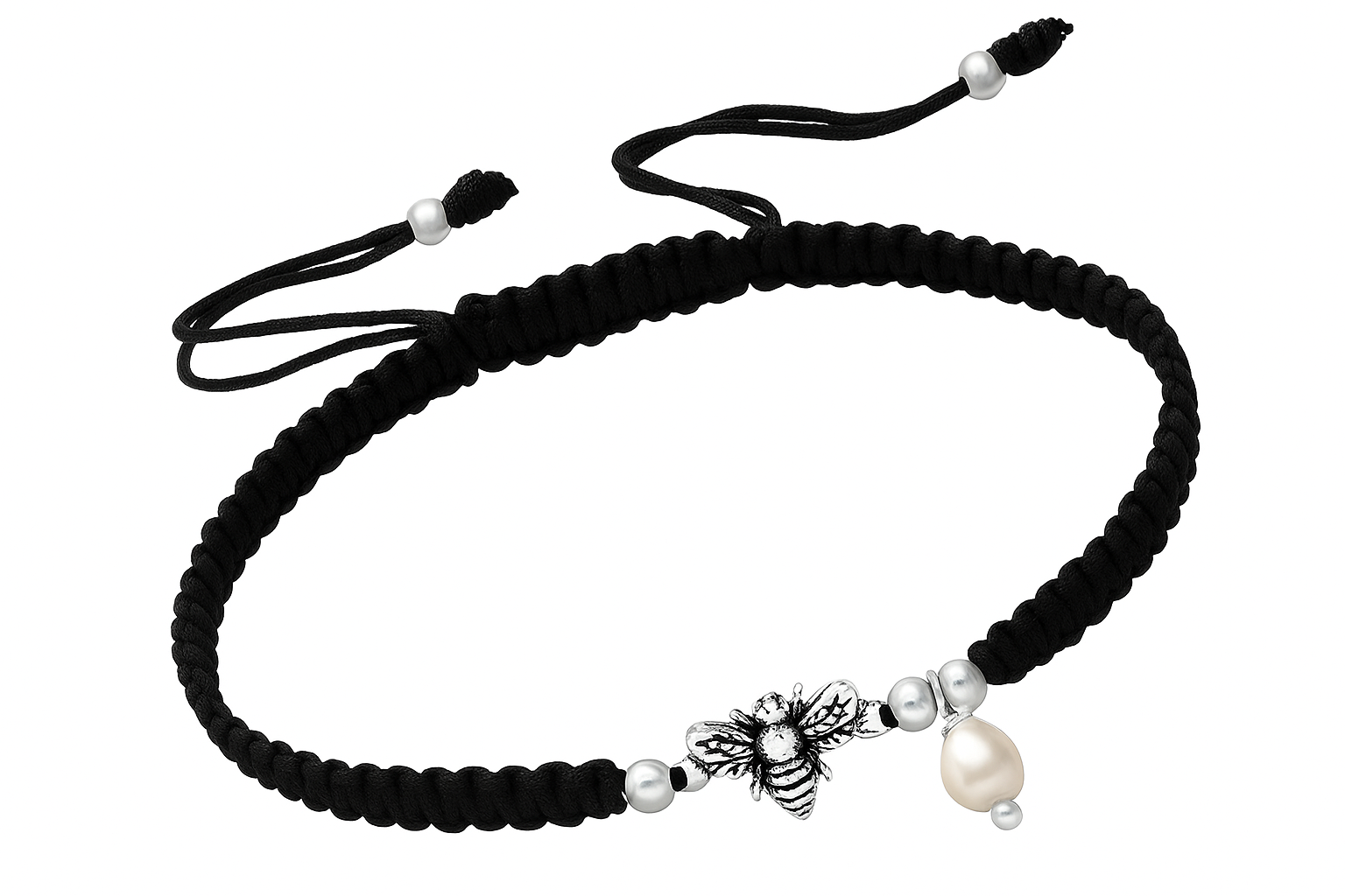 Black macrame bracelet featuring a detailed silver bee charm and a single white pearl, displayed on a white background