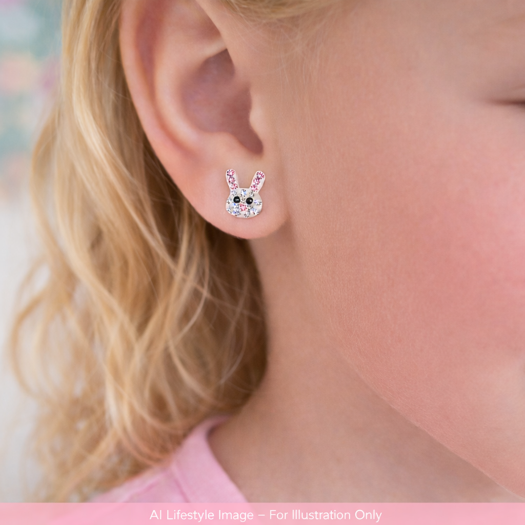 Children's earrings featuring sterling silver crystal rabbit design on a child's ear.
