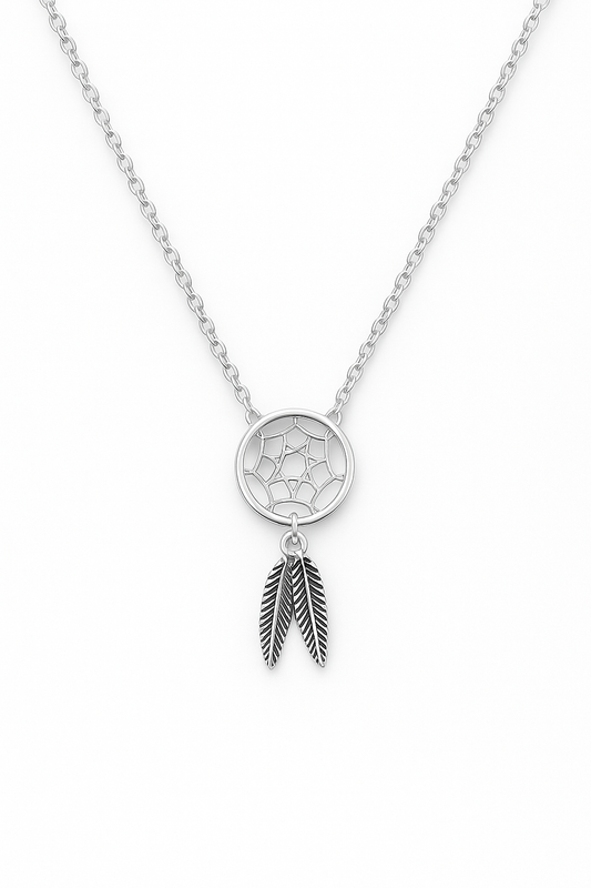 Sterling silver dream catcher necklace featuring a detailed pendant with feathers on a delicate chain.