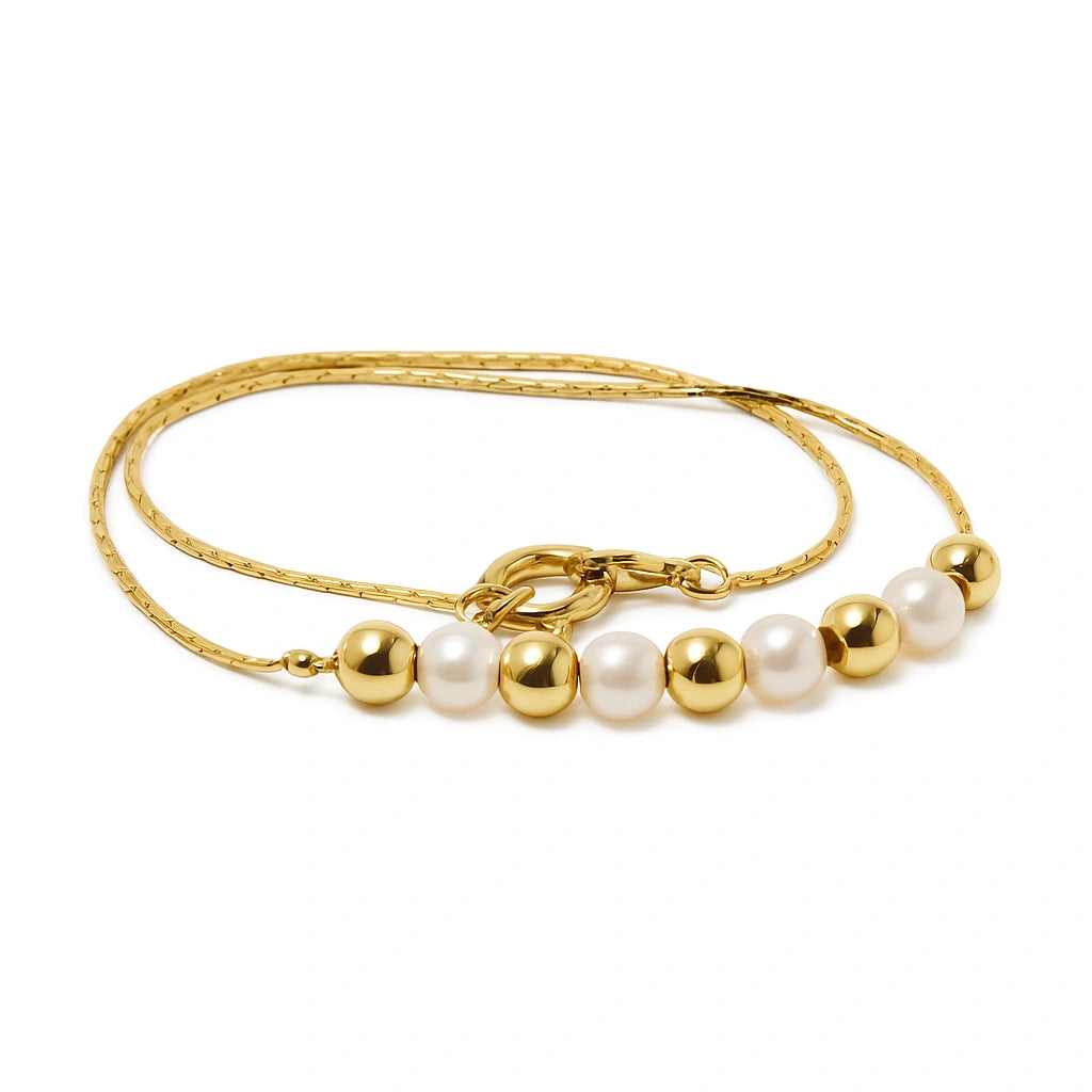 Children's anklet in gold plated chain with pearls and gold balls, 21.5cm, elegant accessory for kids.