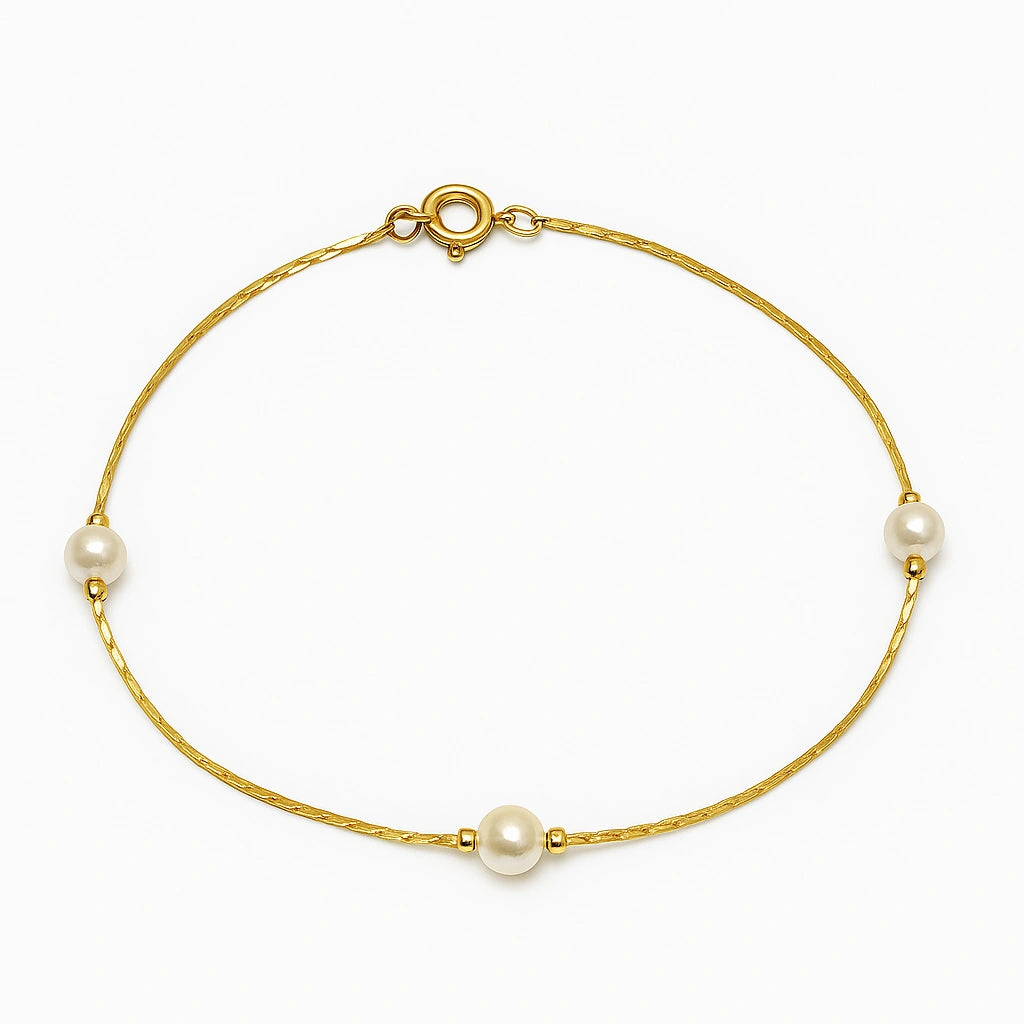 Children's anklet - Gold plated chain with three white faux pearls, perfect for everyday wear and special occasions.