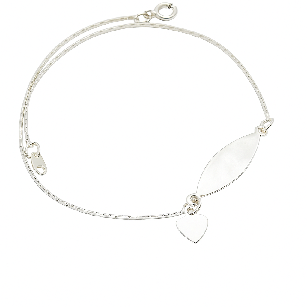 Children's anklet - silver plated ID style with heart charm and ID plate, perfect for kids' daily wear.