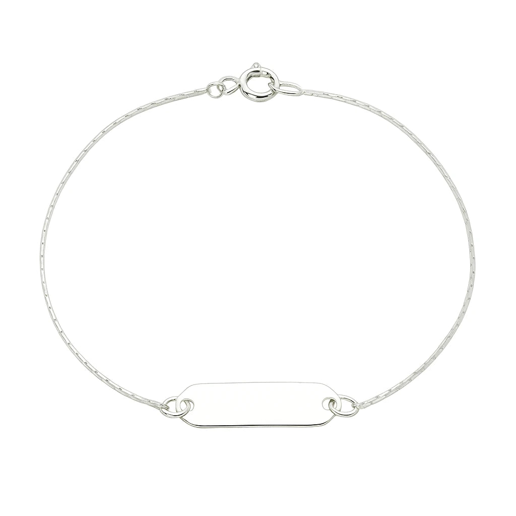Children's anklet in silver plated material featuring a charming ID plate, perfect for personalized style and comfort.