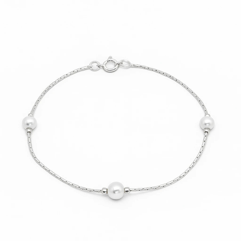 Children's anklet - silver plated chain with three faux pearls, elegant and durable for everyday or special occasions.