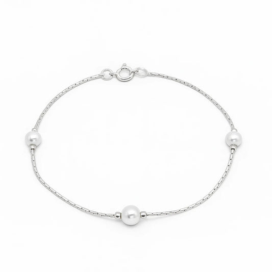 Children's anklet - silver plated chain with three faux pearls, elegant and durable for everyday or special occasions.