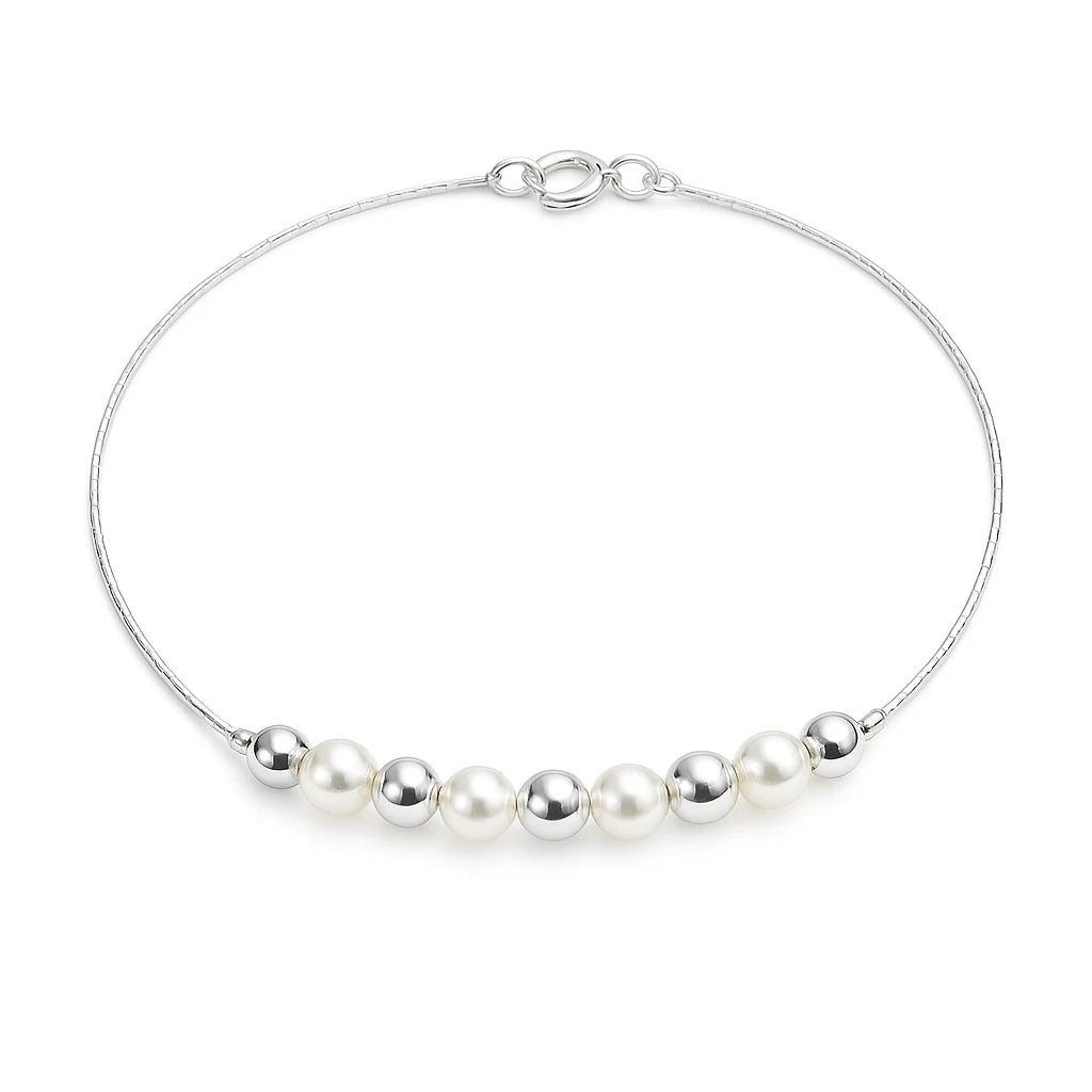 Children's anklet in silver plated with faux pearls and silver balls, 21cm, perfect for daily wear and special occasions.