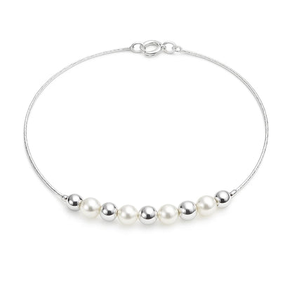 Children's anklet in silver plated with faux pearls and silver balls, 21cm, perfect for daily wear and special occasions.