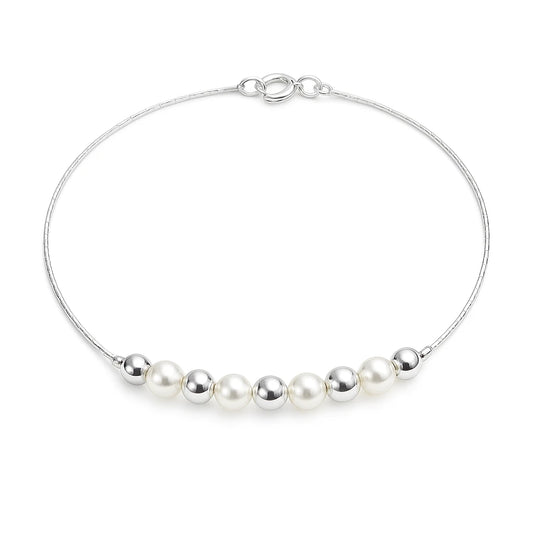 Children's anklet in silver plated with faux pearls and silver balls, 21cm, perfect for daily wear and special occasions.