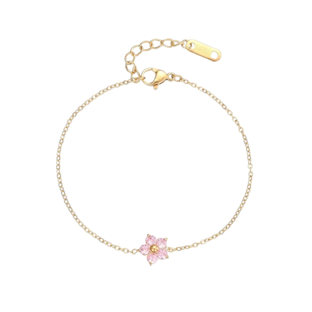 Children's bracelets featuring an 18k gold plated chain and a pink CZ flower charm.