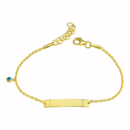 Children's bracelets featuring a gold plated sterling silver chain and a blue cubic zirconia charm.