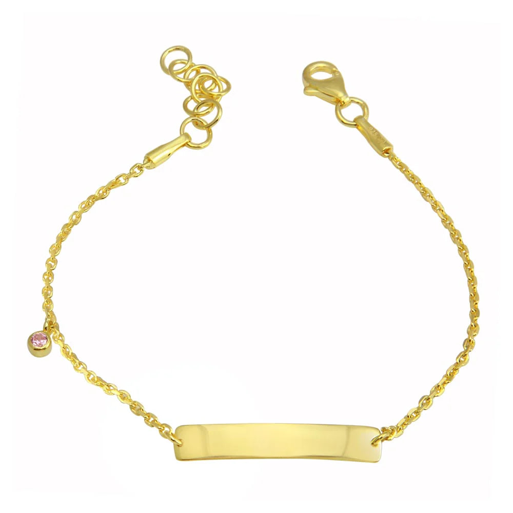 Children's bracelets featuring a gold plated sterling silver design with a pink CZ charm and engravable ID plate.