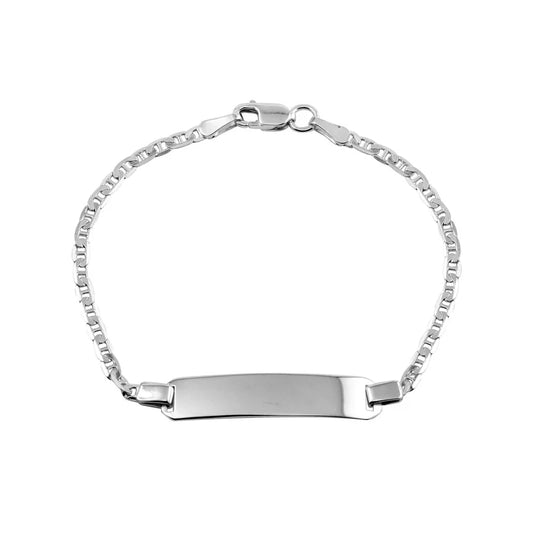 Children's bracelets: sterling silver rhodium plated ID bracelet with flat marina chain.