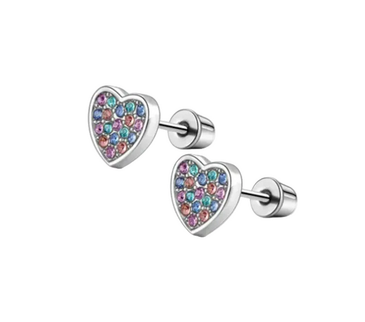 Children's earrings in hypoallergenic steel with heart studs featuring pink and blue CZ stones.