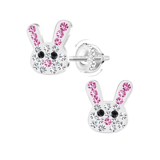 Children's earrings featuring sterling silver crystal rabbit design with secure screw backs.