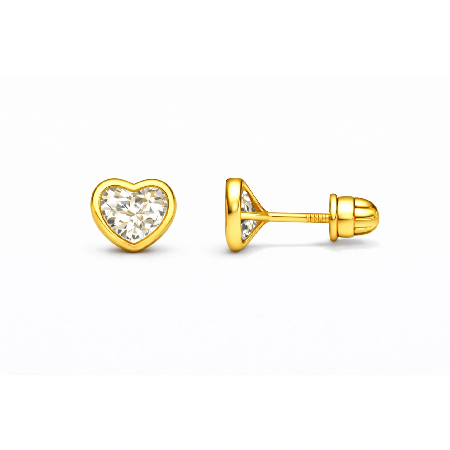 Children's earrings featuring 14k solid gold bezel set heart shaped CZ screw back studs 5mm.