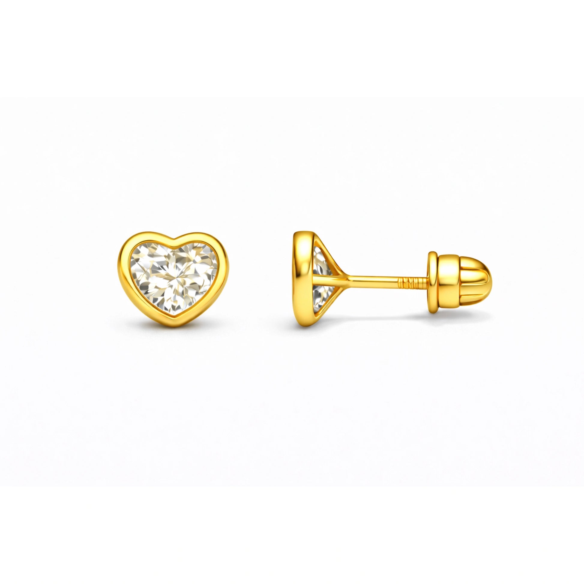 Children's earrings featuring 14k solid gold bezel set heart shaped CZ screw back studs 5mm.