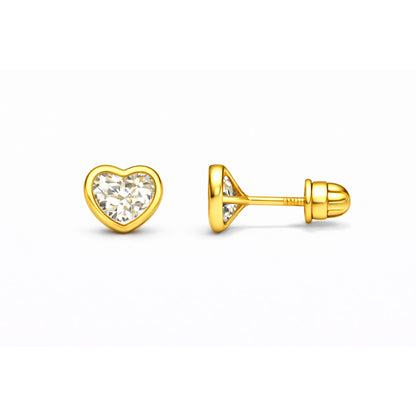 Children's earrings featuring 14k solid gold bezel set heart shaped CZ screw back studs 5mm.