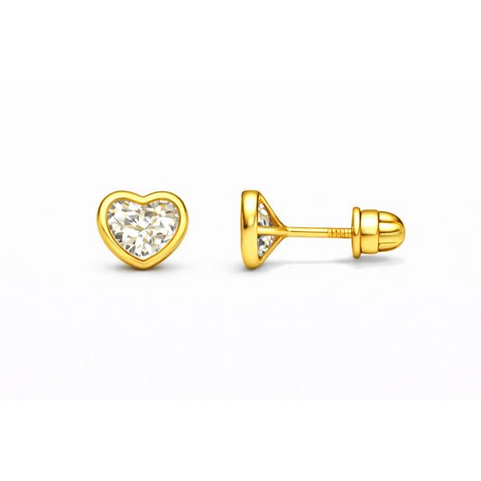 Children's earrings featuring 14k solid gold bezel set heart shaped CZ screw back studs 5mm.