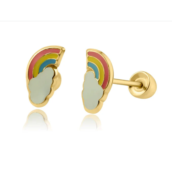 Children's earrings featuring 14k solid gold enamel rainbow screw back studs for kids, tweens, and teens.