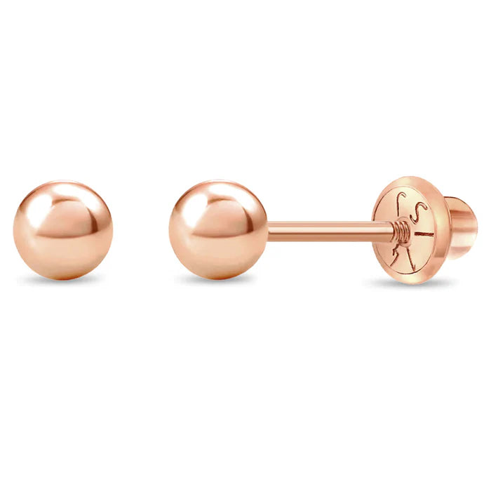 Children's earrings – 14k solid rose gold ball stud screw backs showcasing a pair of elegant 4mm ball studs.