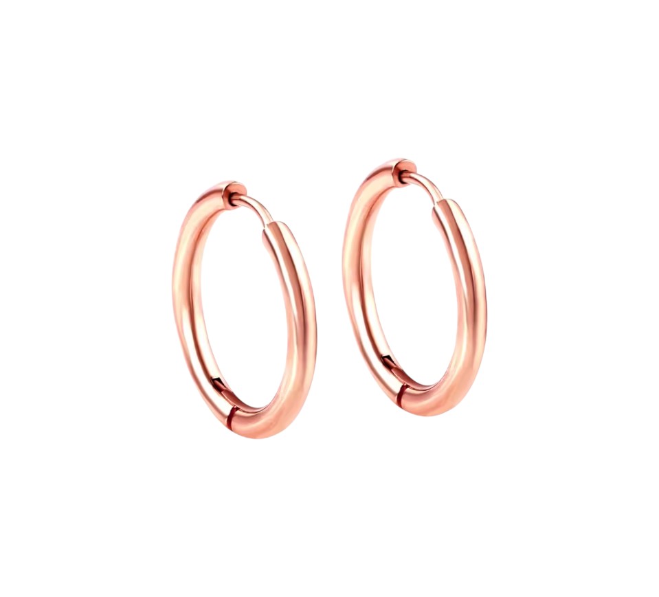 Children's earrings in 18k rose gold plated 316L surgical steel, classic 10mm hoops for kids and tweens.