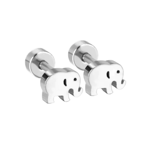 A pair of surgical steel earrings shaped like baby elephants with screw back closures.