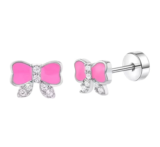 Children's earrings featuring pink bow design in 316L surgical steel with cubic zirconia for secure and stylish wear.