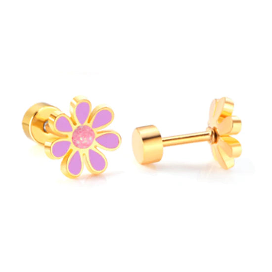 Children's earrings featuring lavender and pink daisy design with gold IP finish and secure screw back.