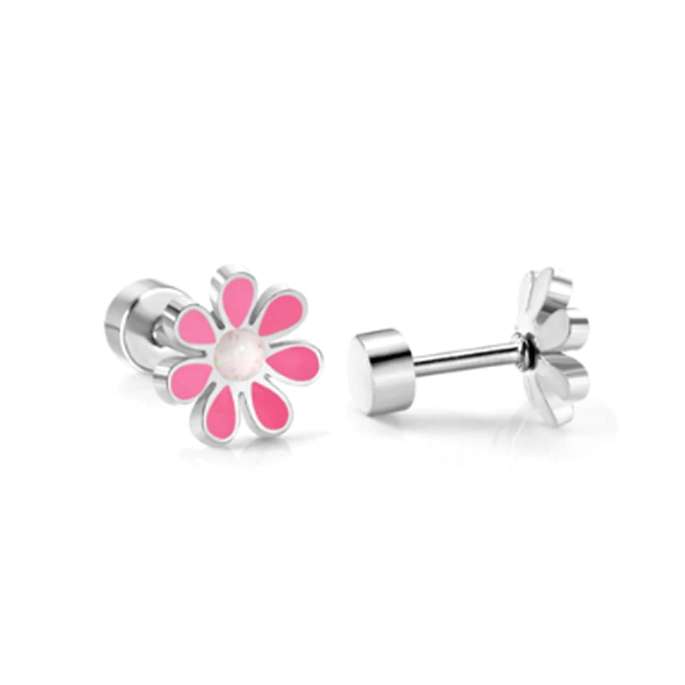 Children's earrings featuring pink daisy studs with white glitter centers, made from 316L surgical steel.