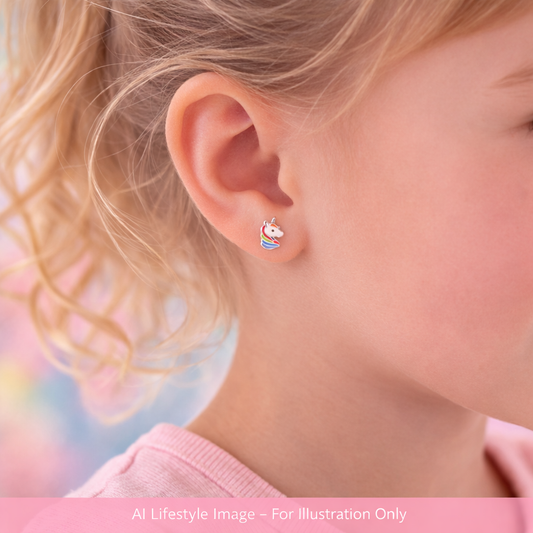 Child's ear adorned with 925 sterling silver children's earrings featuring a colorful unicorn design.