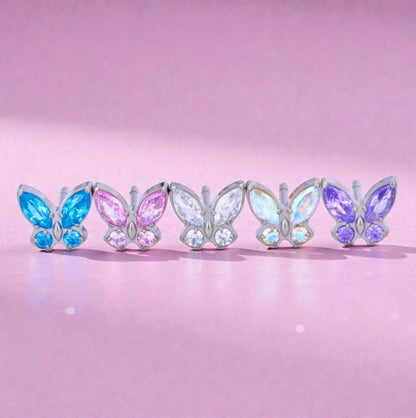 Children's earrings featuring colorful butterfly studs with blue, pink, and purple CZ crystals.