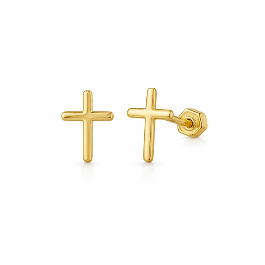 Children's earrings – Solid 14k yellow gold cross screw back stud earrings for kids.