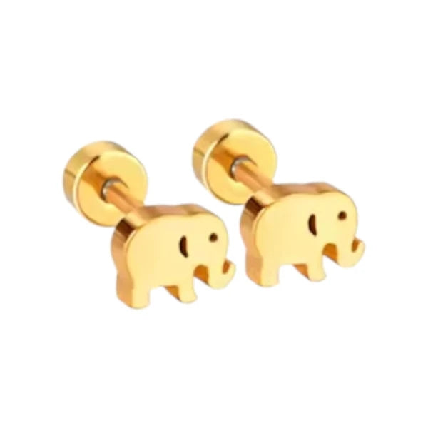 Children's earrings featuring gold plated 316L surgical steel baby elephant screw back studs.