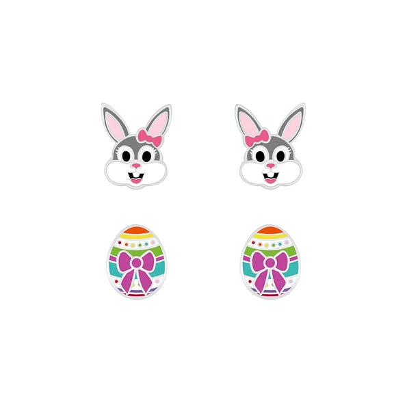 Children's earrings featuring colorful Easter bunny and egg designs, crafted from sterling silver with enamel finish.