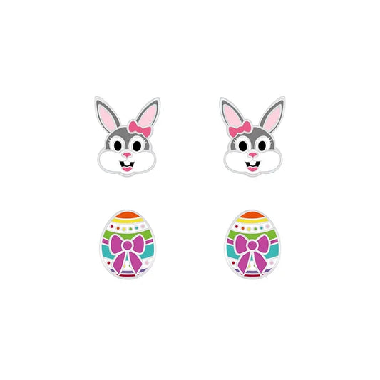 Children's earrings featuring colorful Easter bunny and egg designs, crafted from sterling silver with enamel finish.